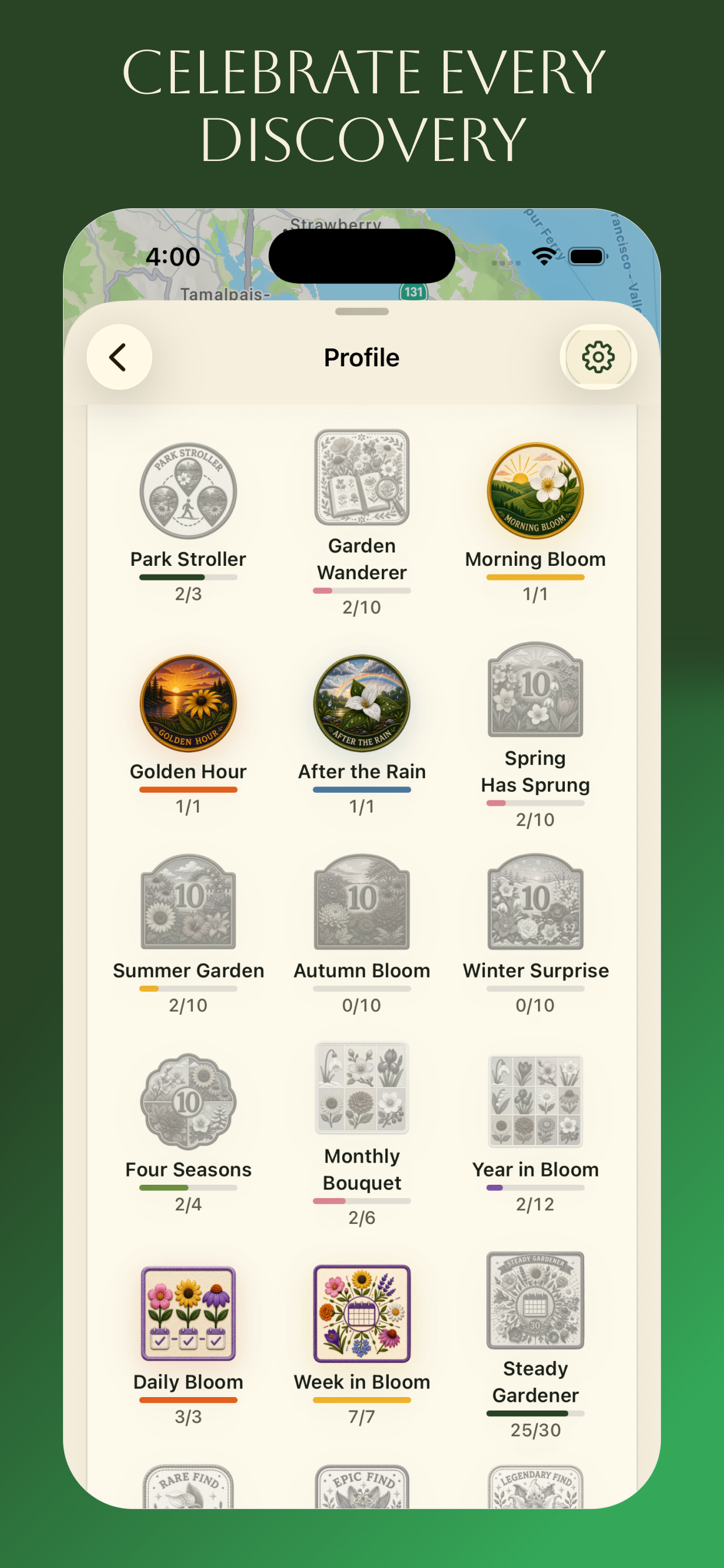 Ok Bloomer app profile screen showing flower discovery achievements.